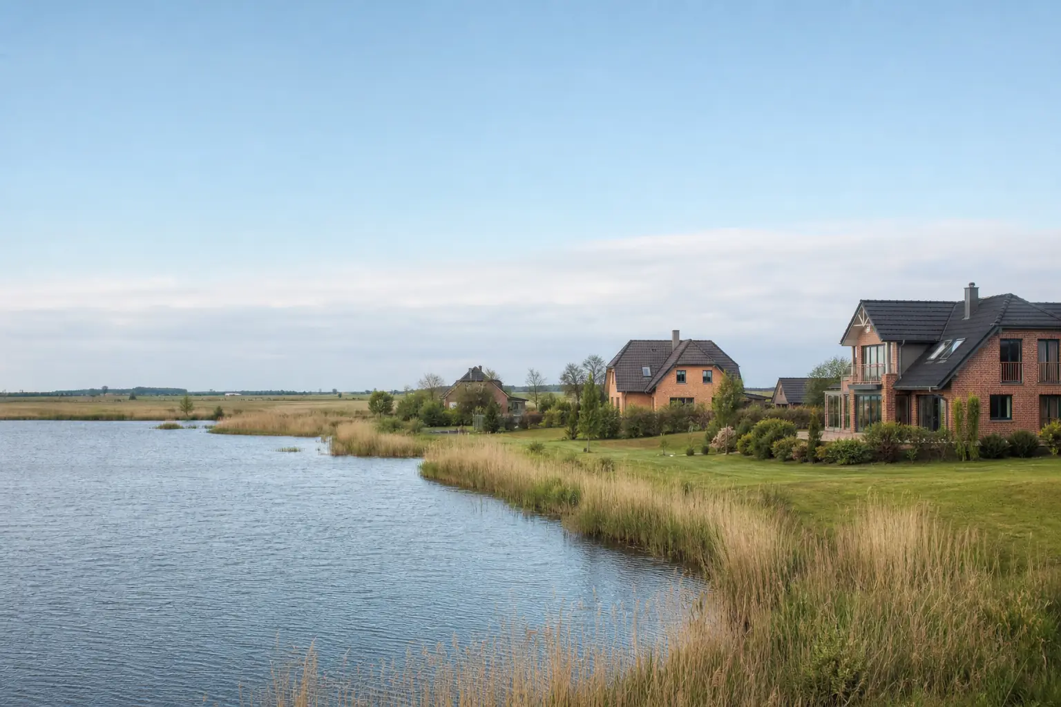 Backsteinhäuser in der Seenlandschaft von Mecklenburg-Vorpommern