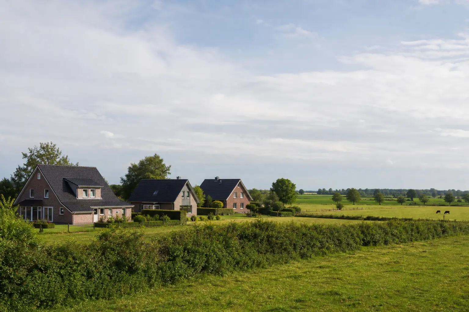 Wohnhäuser in flacher, grüner Landschaft in Niedersachsen